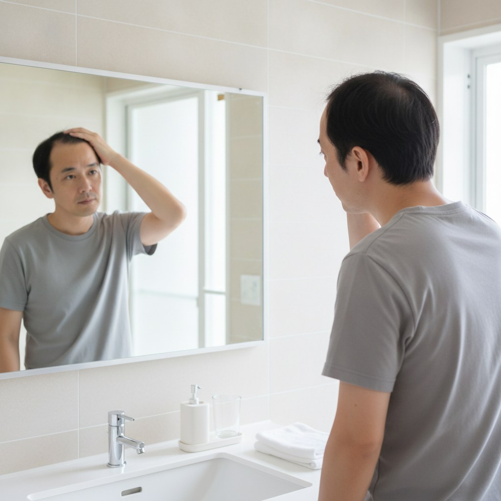 朝の鏡でトップのボリュームを気にする40代男性