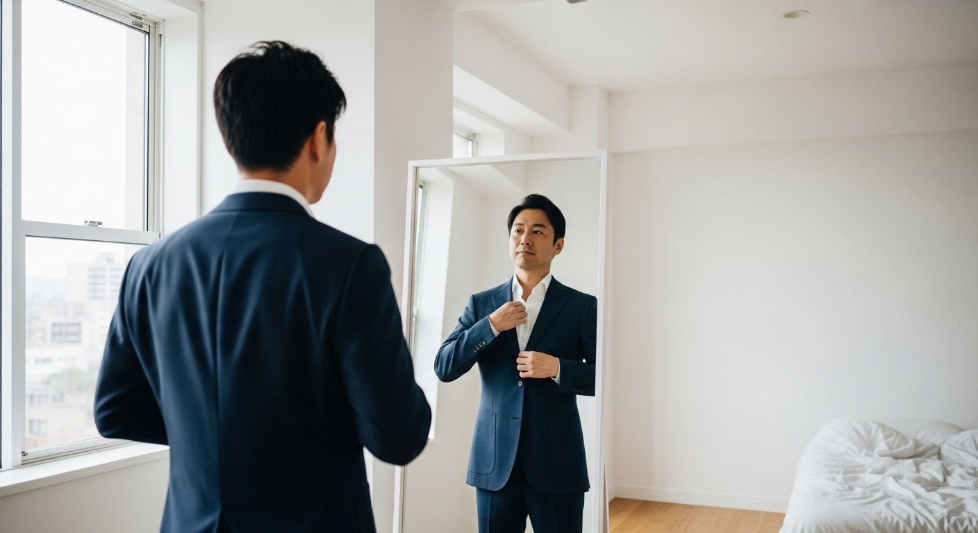 鏡の前でネイビージャケットのサイズ感を確かめる40代男性