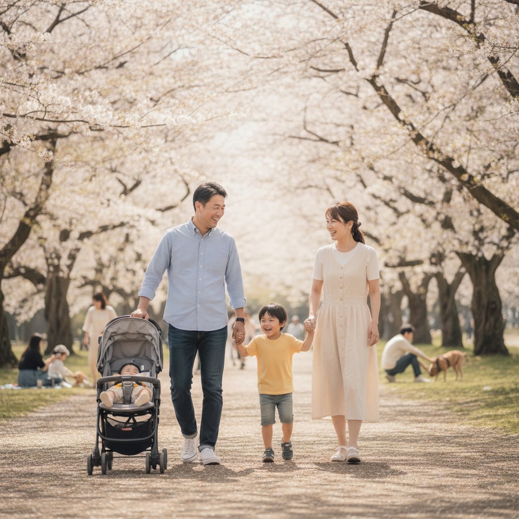 休日にシャツとデニムのきれいめカジュアルで家族と出かける40代男性