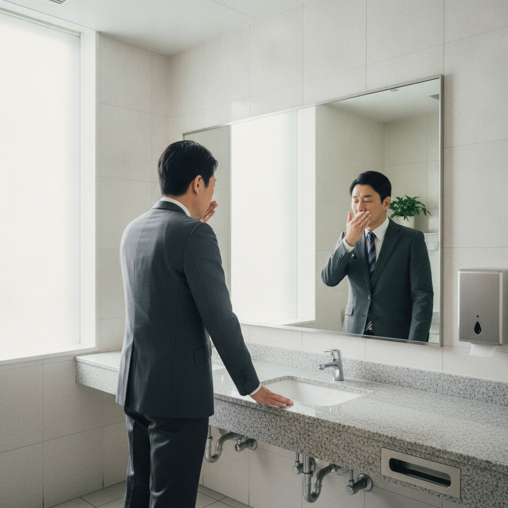 鏡の前で自分の口臭を気にする40代男性