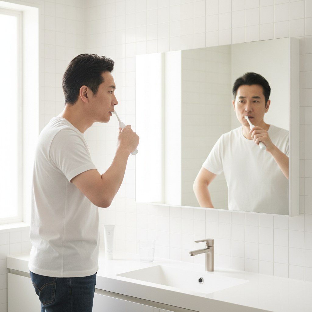 朝の洗面所で丁寧に歯磨きをする40代男性