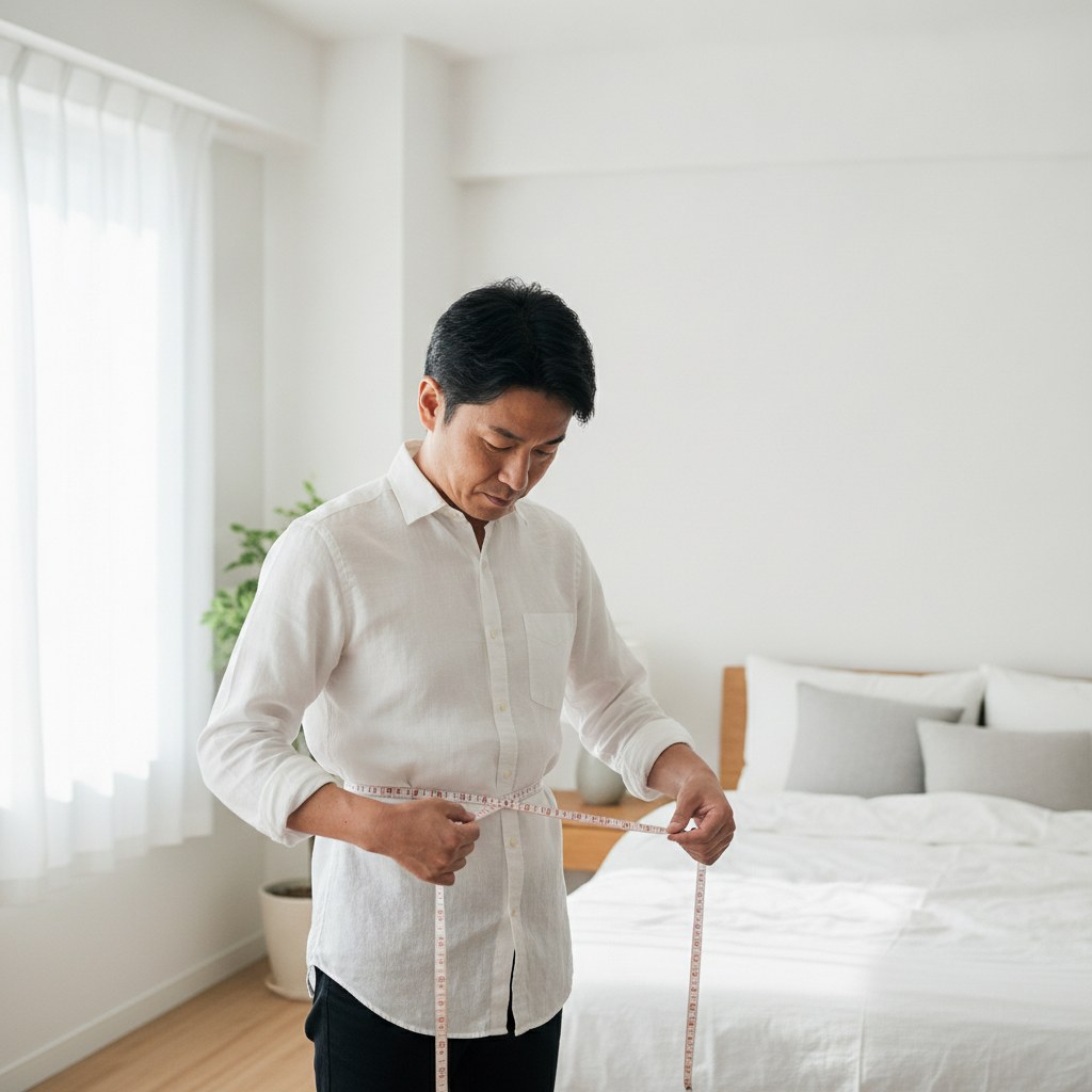 朝、メジャーで腹囲を測る40代男性