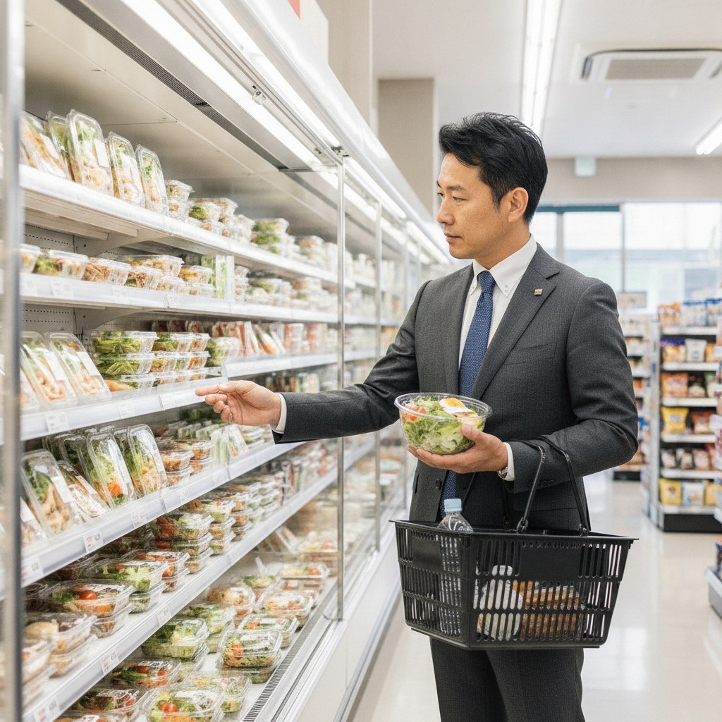 昼休みにコンビニでサラダチキンを選ぶ40代のビジネスマン