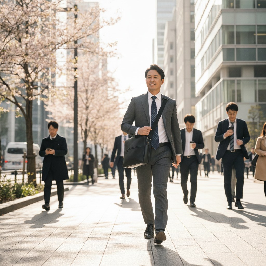 朝の通勤で速歩きする40代のスーツ姿の男性