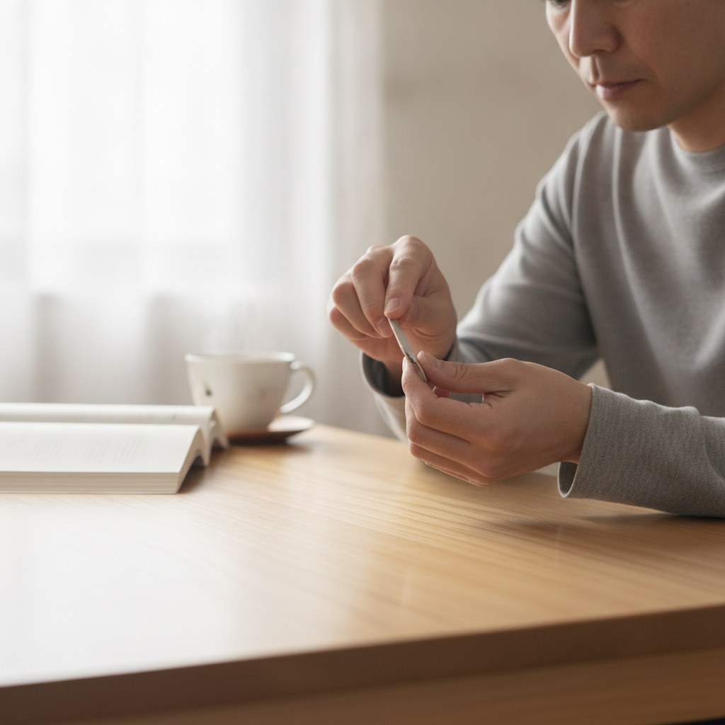 自宅でやすりを使って爪を整える40代男性
