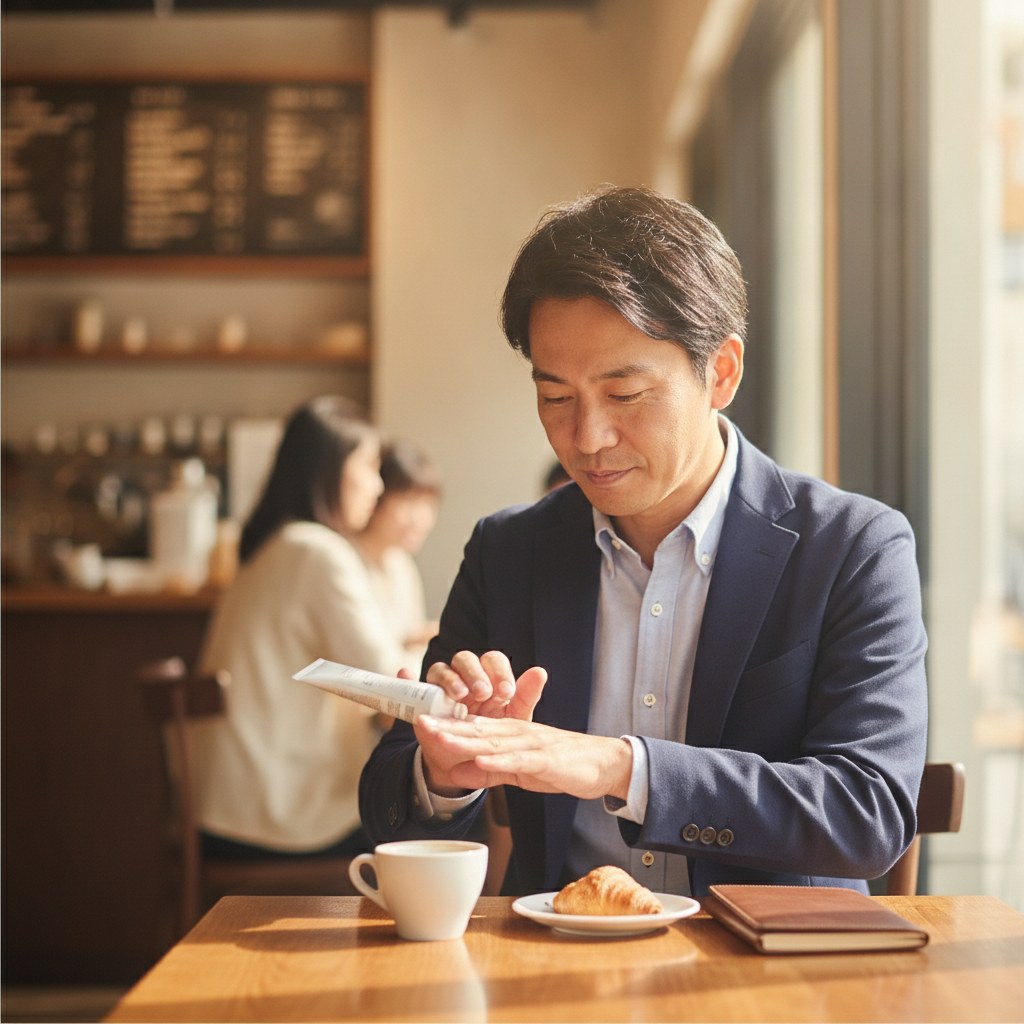 カフェでハンドクリームを塗って手元を保湿する40代男性