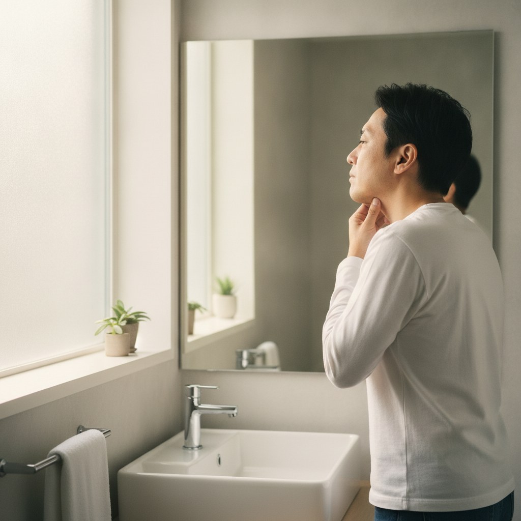 洗面所の鏡でフェイスラインと二重あごを確認する40代男性