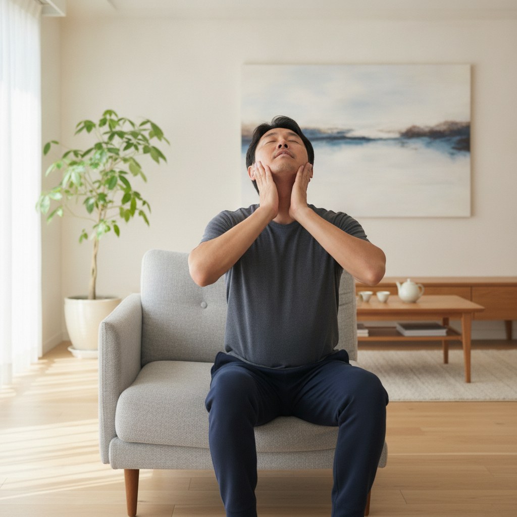 自宅であご下を鍛えるストレッチをする40代男性