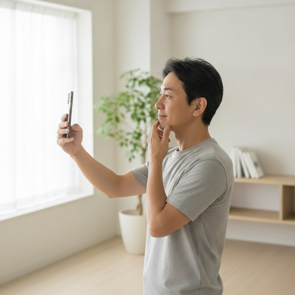スマホで横顔を撮影してフェイスラインの変化を記録する40代男性