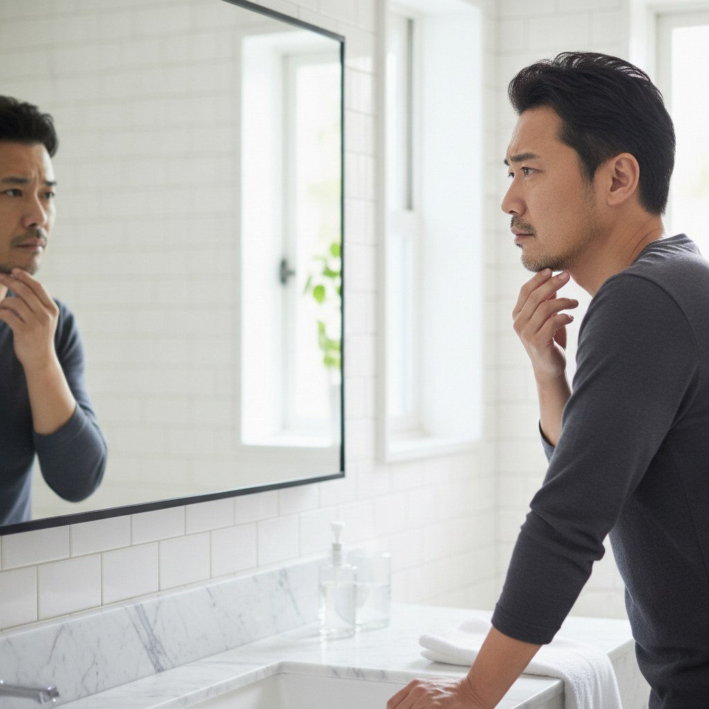 洗面所の鏡で顎のニキビを気にする40代の日本人男性