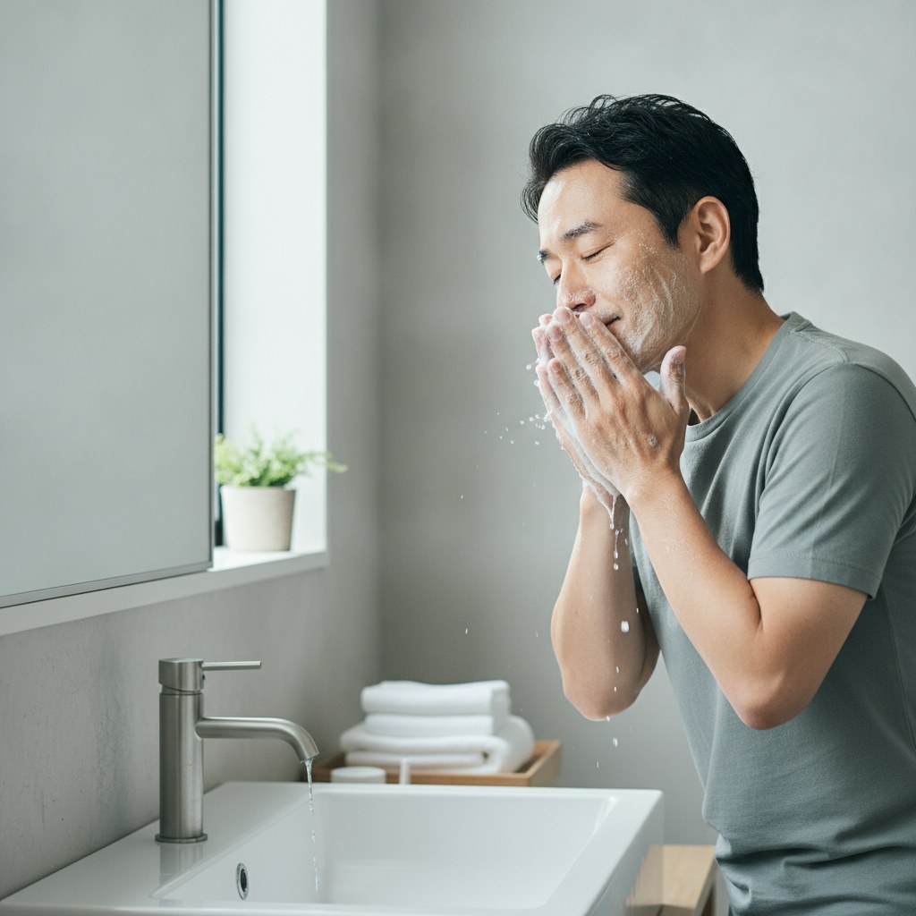 洗面台で丁寧に洗顔する40代の日本人男性