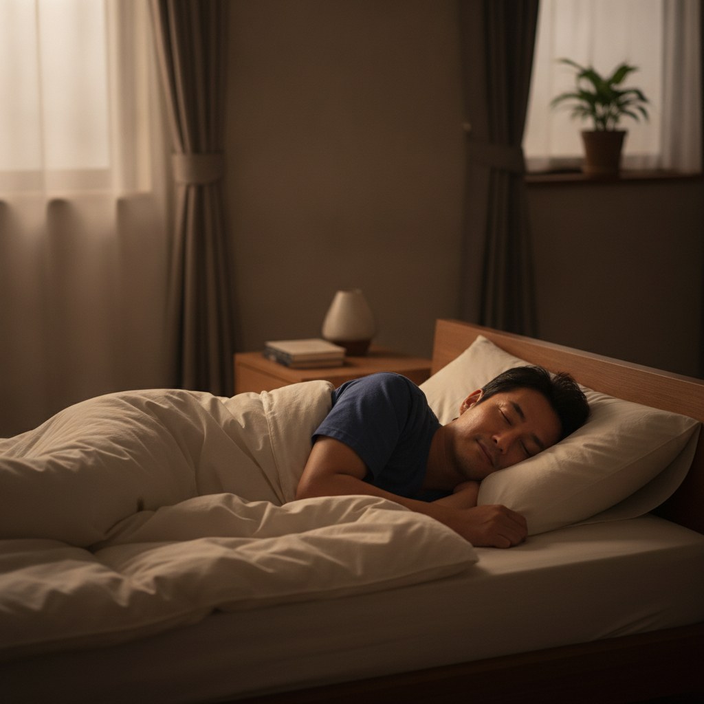 十分な睡眠をとる40代の日本人男性