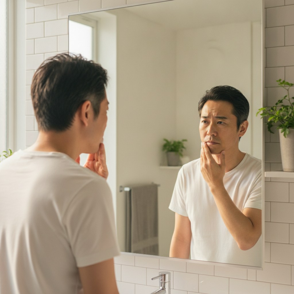 鏡で自分の顔の老け込みを確認する40代男性