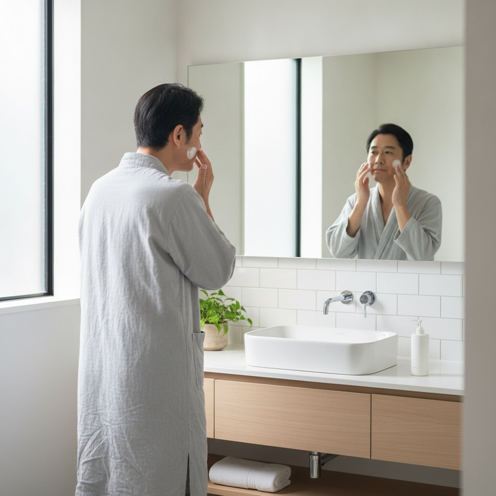洗顔後に化粧水で保湿する40代男性