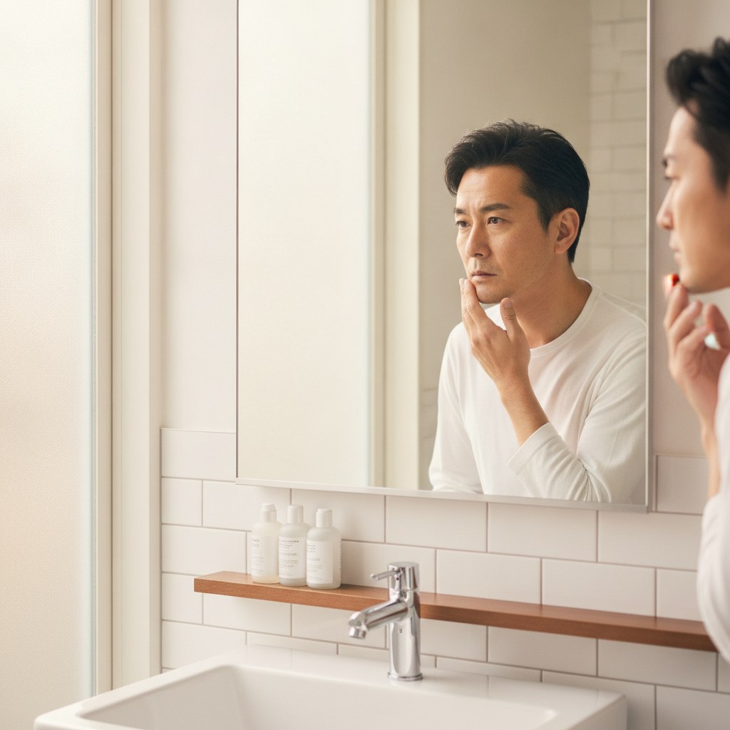 鏡で自分の肌をチェックする40代男性