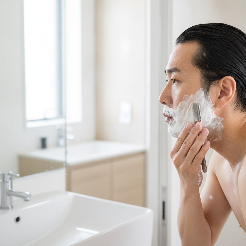 髭剃りをする40代男性