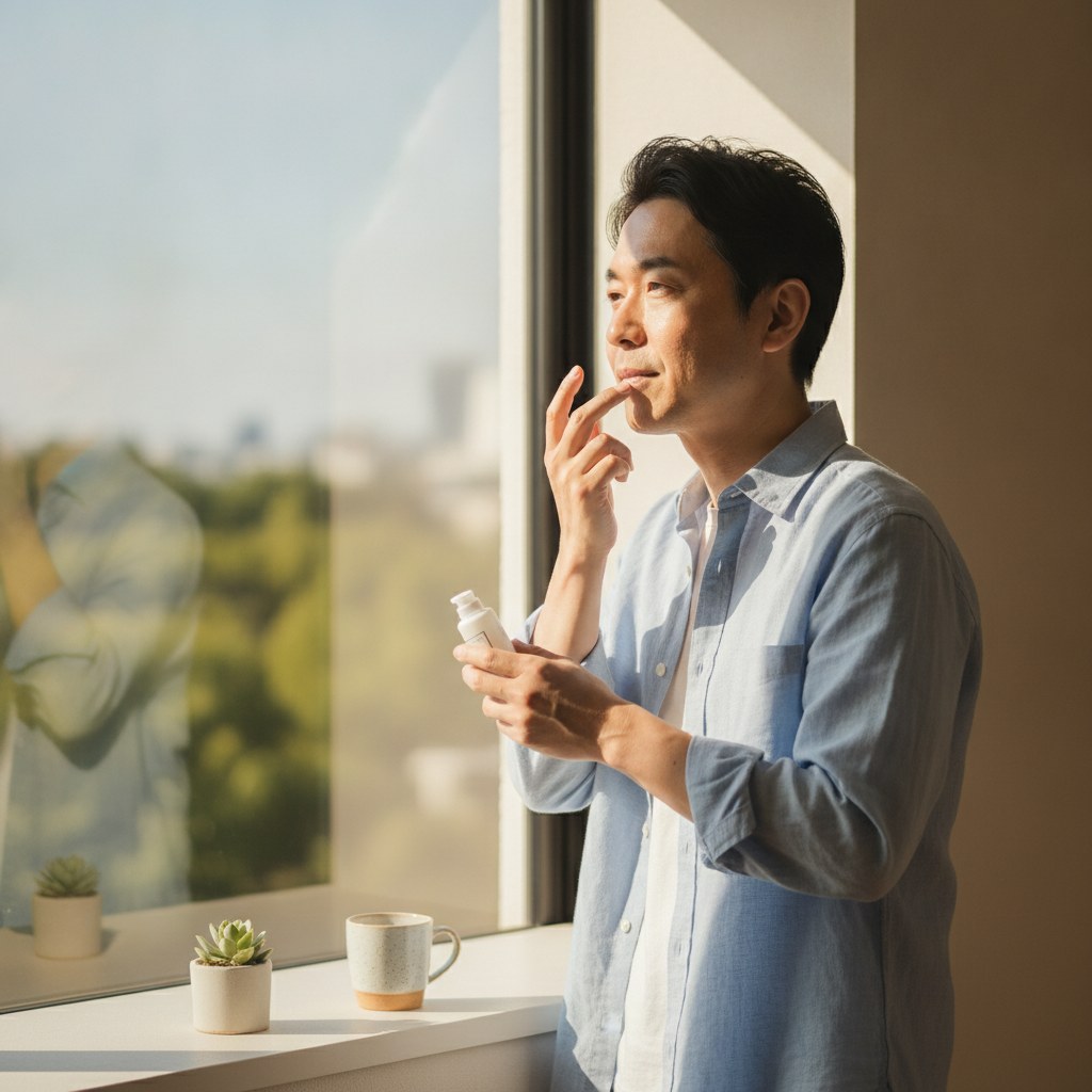 日焼け止めを塗る40代男性