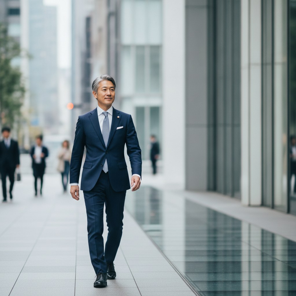 手入れされたグレイヘアをスーツで活かす40代男性