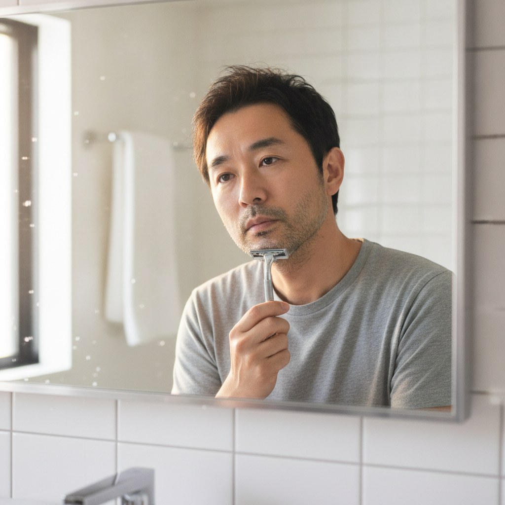 洗面所の鏡でヒゲを確認する40代男性