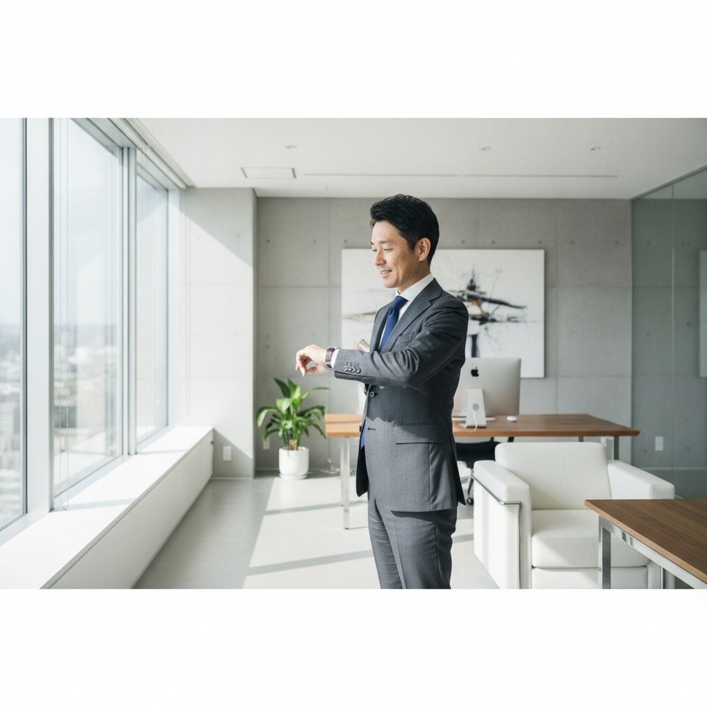 朝のオフィスで時間を確認する清潔感のある40代男性