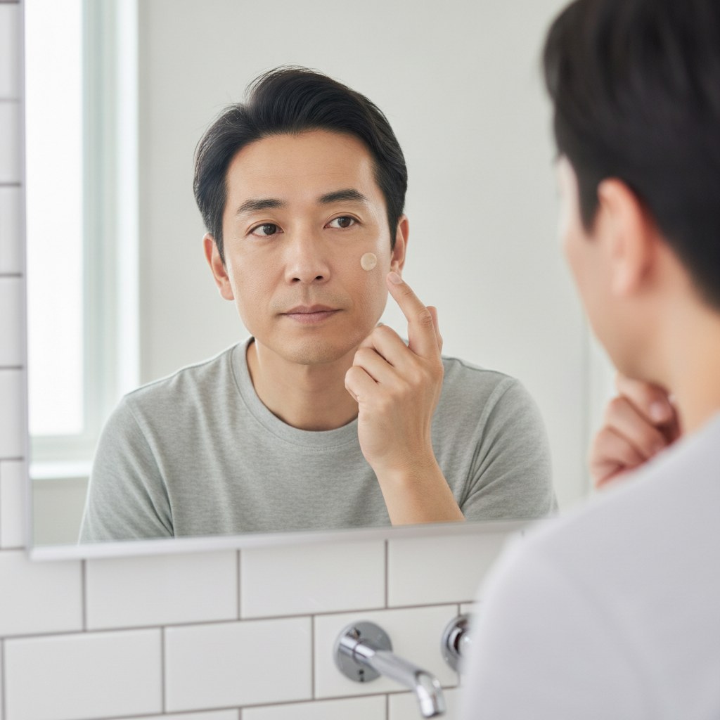 指先でBBクリームを頬に点置きする40代男性