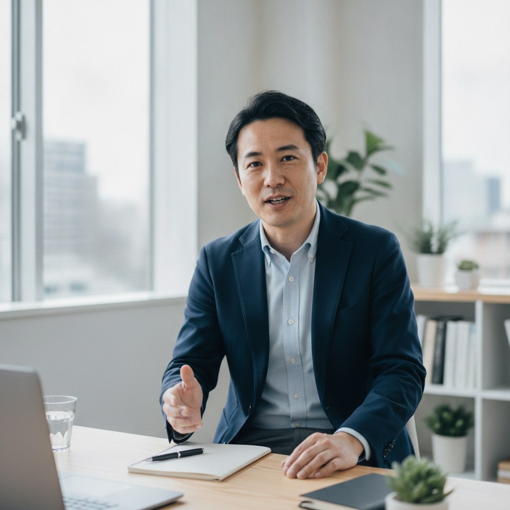 Web会議でも自然な肌印象で話す40代男性