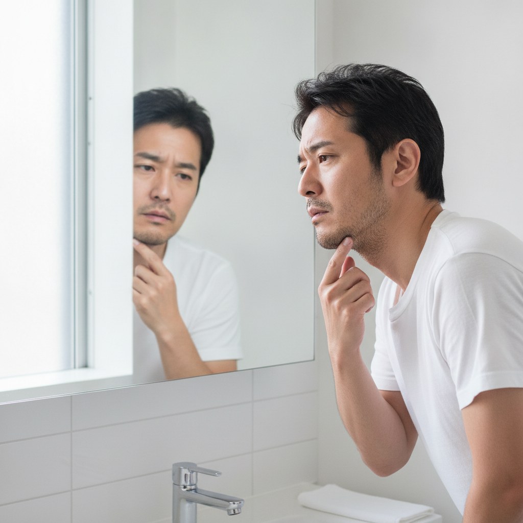 朝の洗面所で青ヒゲを気にする40代男性