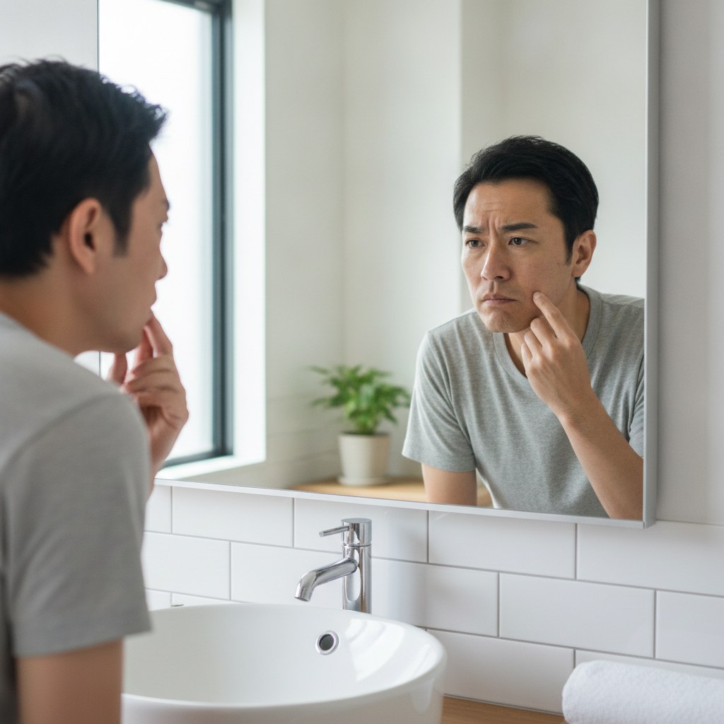 洗面所の鏡で肌のくすみと毛穴を確認する40代男性