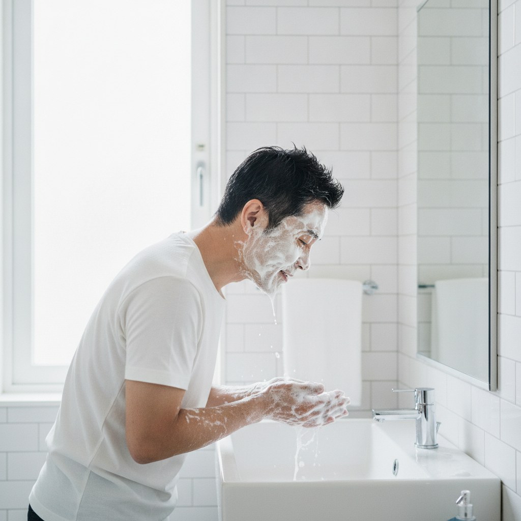 たっぷりの泡で優しく洗顔する40代男性