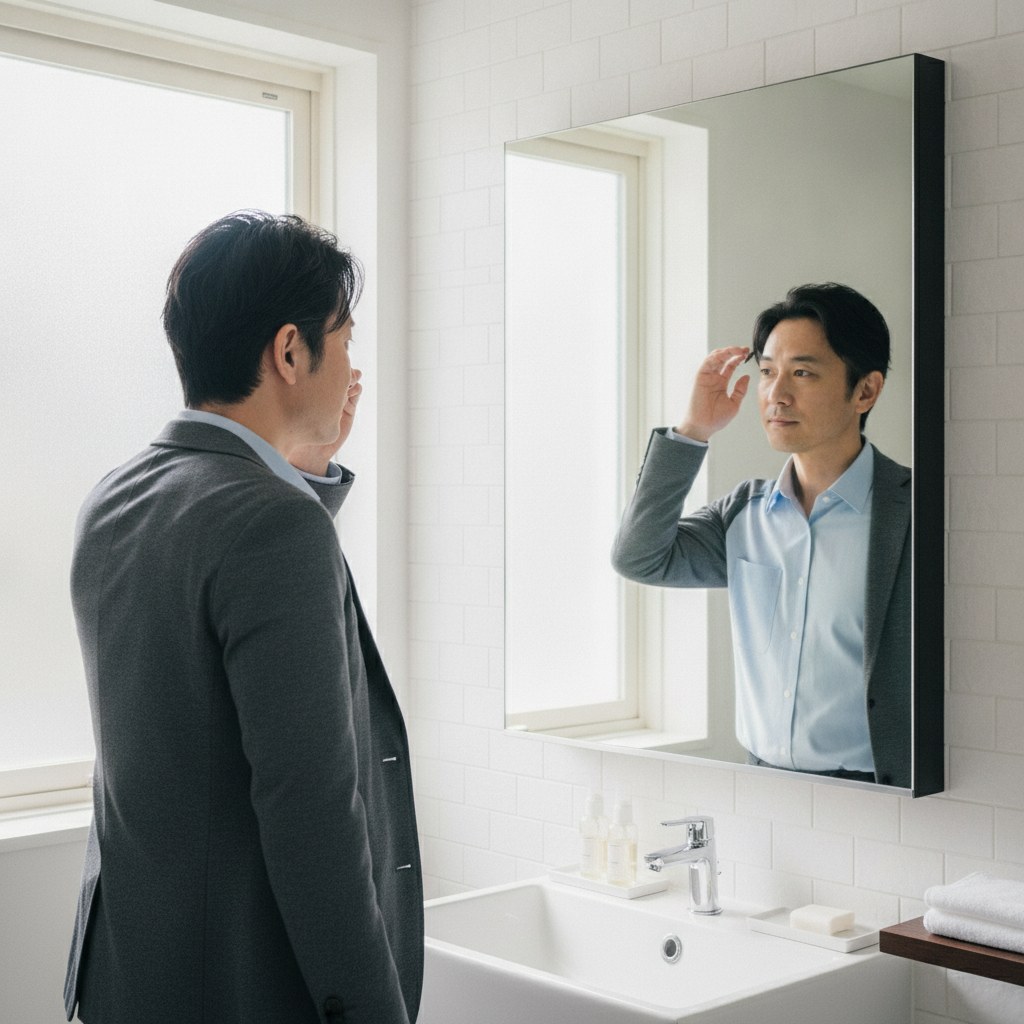 朝の洗面台でヘアセットをする40代の日本人男性