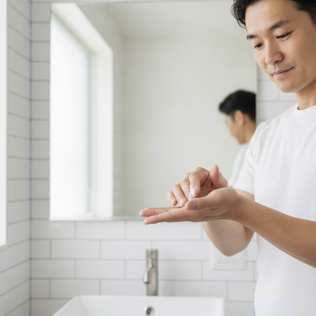 手のひらで軽めワックスを乳化させる40代の日本人男性