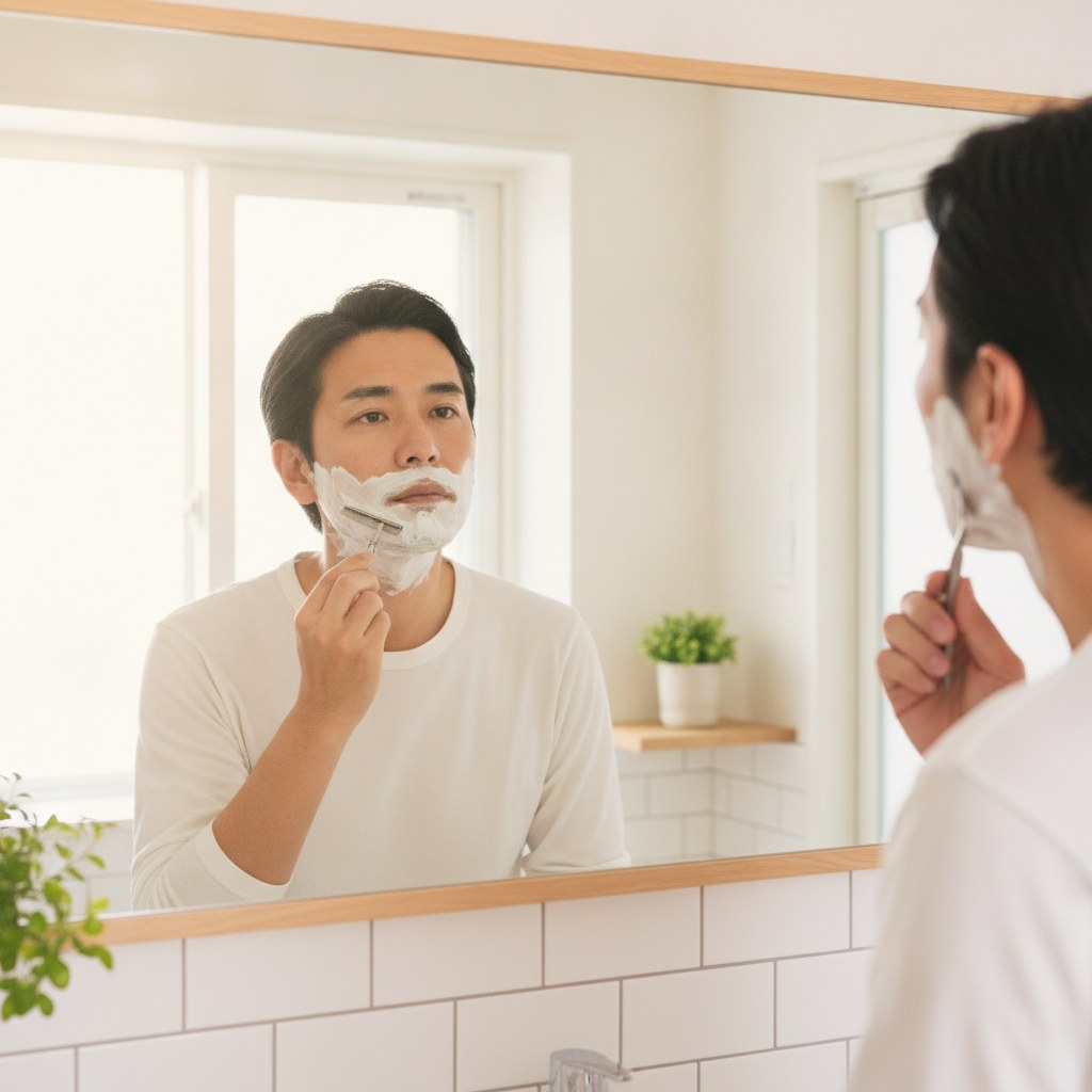 朝の洗面所で丁寧に髭を剃る40代の日本人男性