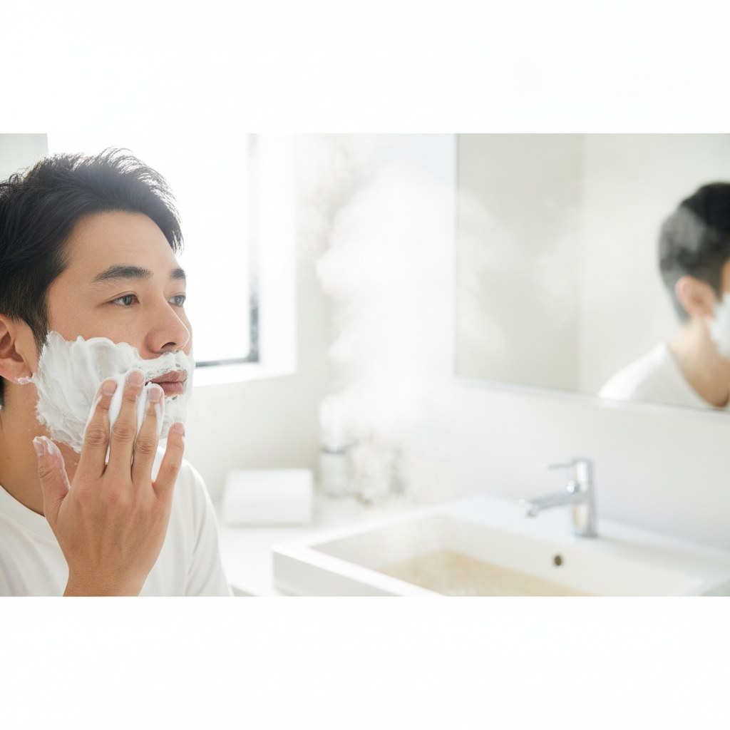 蒸しタオルで温めた肌にシェービング剤を塗る40代の日本人男性