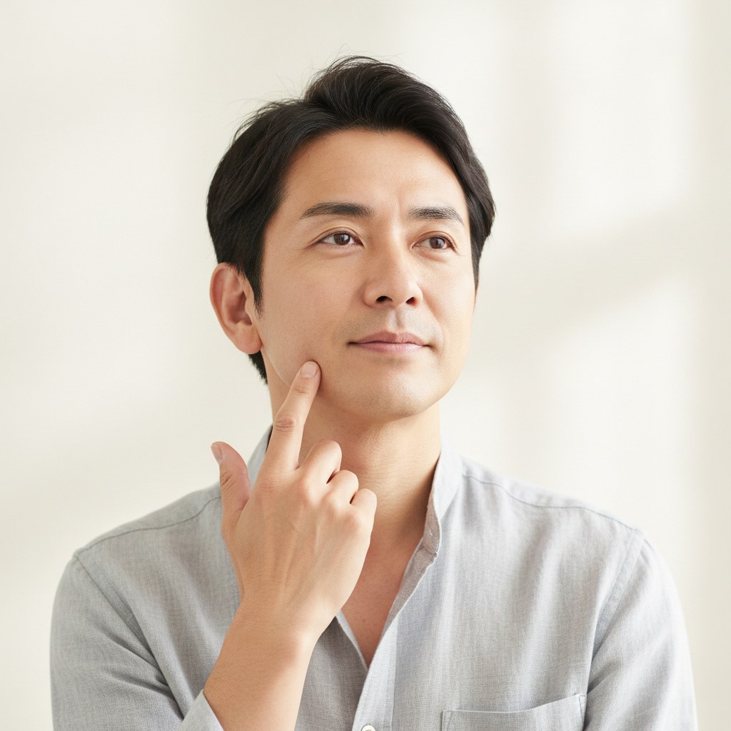 髭剃り後の肌が整い清潔感のある40代の日本人男性