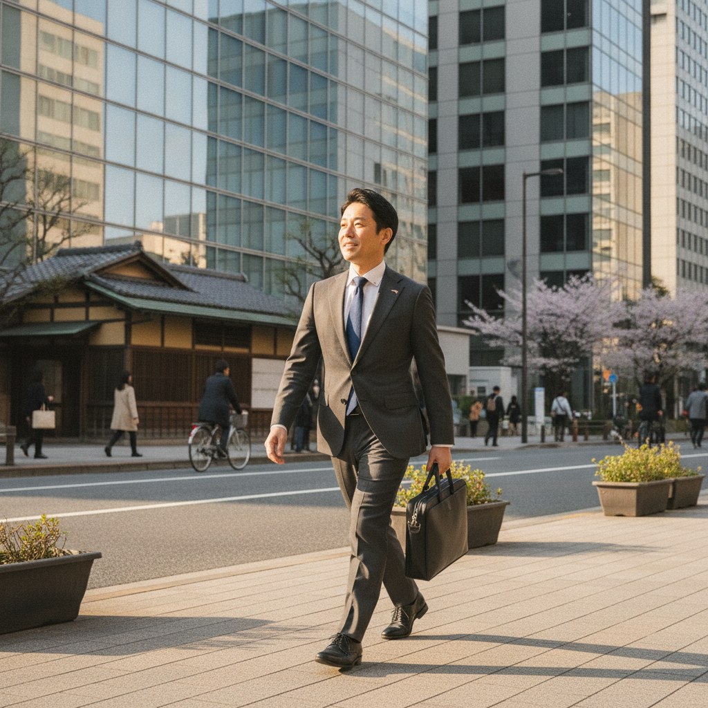 朝の通勤で日差しを浴びながら歩く40代のビジネスマン