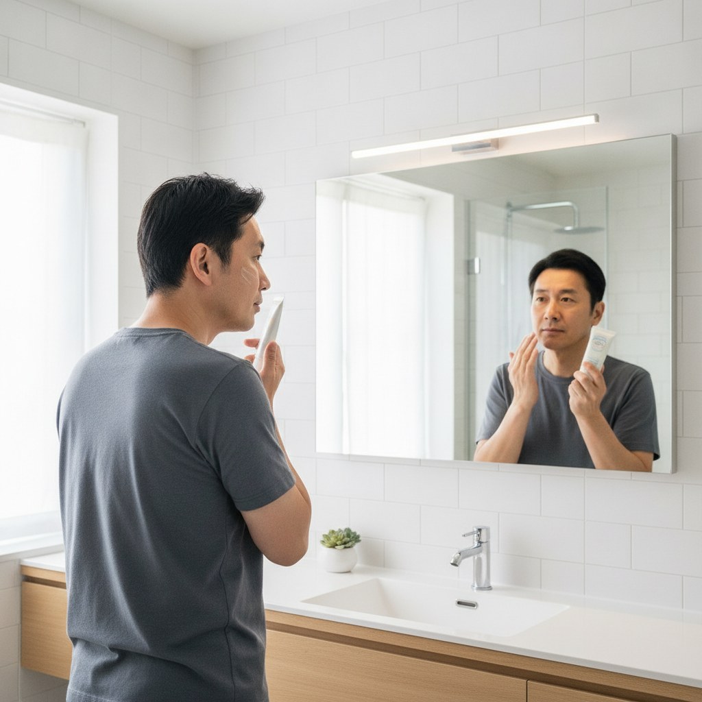洗面所で日焼け止めジェルを顔に塗る40代の男性