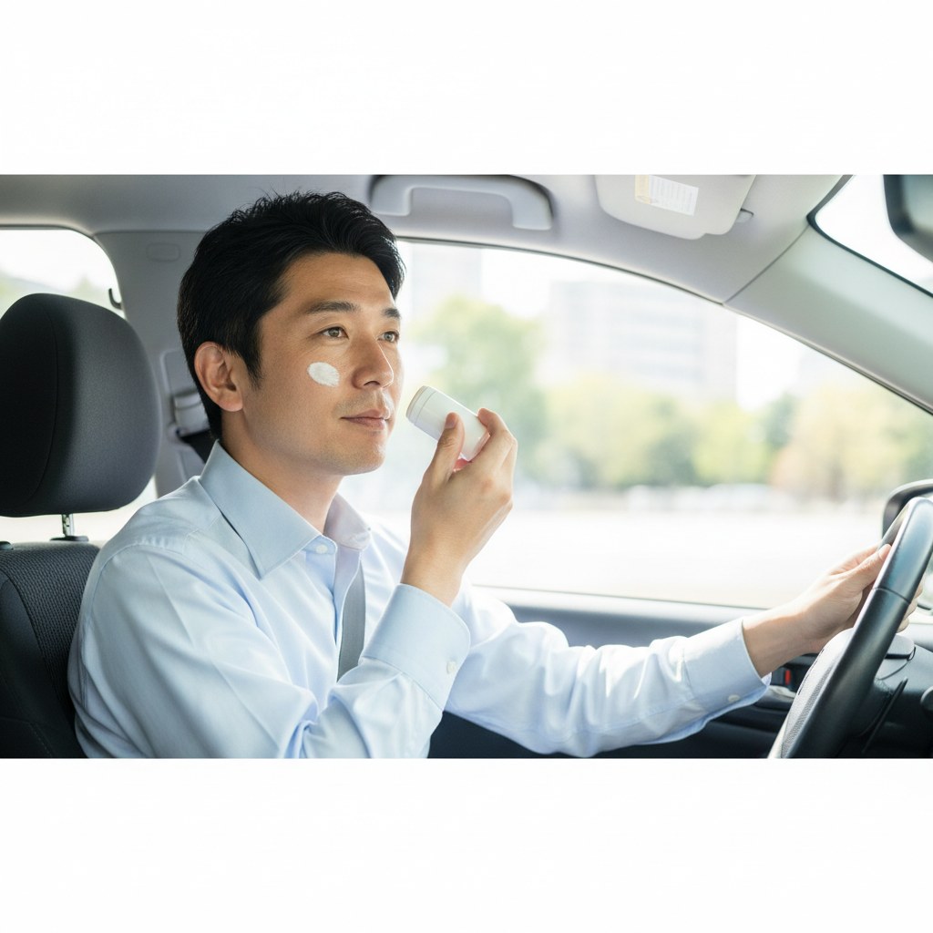 外回りの合間に車内でスティック日焼け止めを塗り直す40代の営業マン