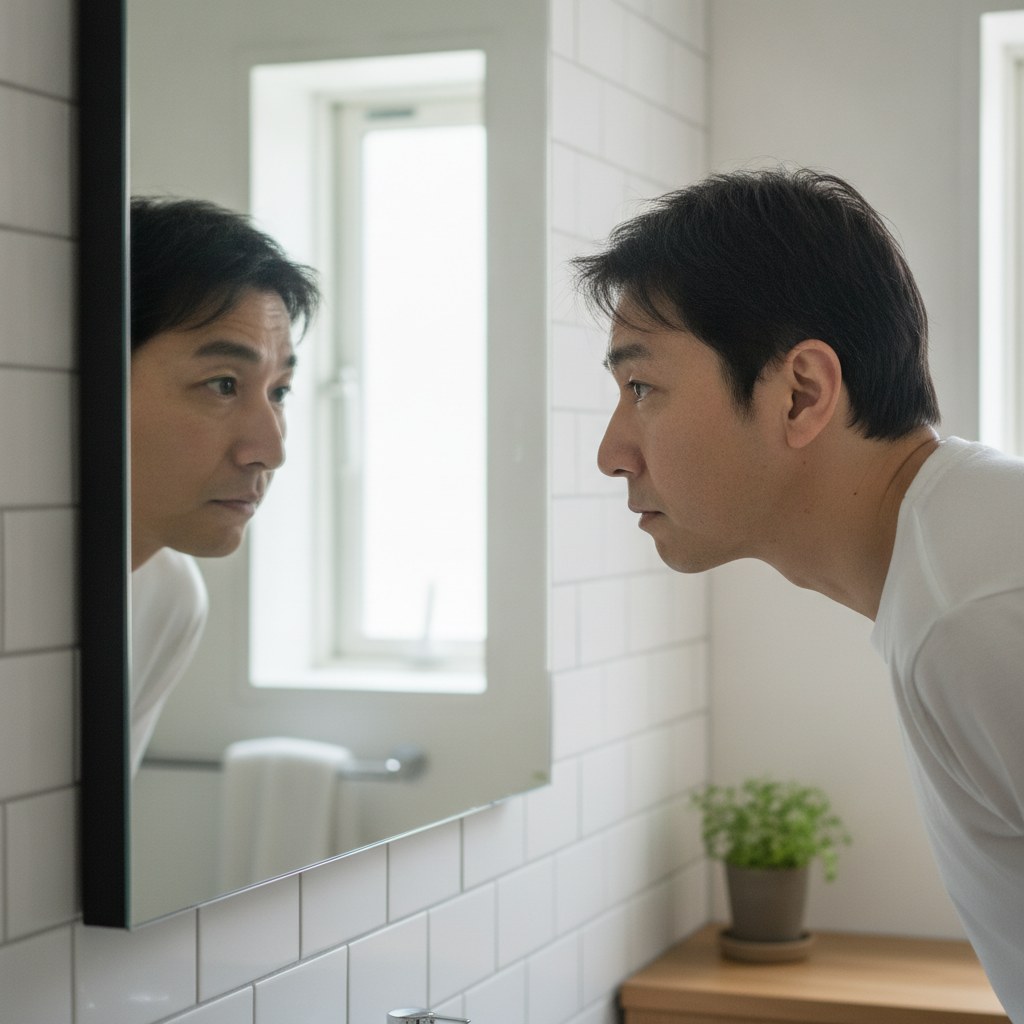 鏡で鼻の毛穴の黒ずみを確認する40代男性