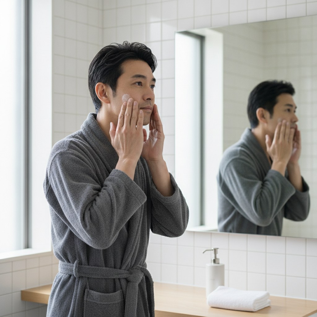 洗面所で手のひらで化粧水をなじませる40代男性