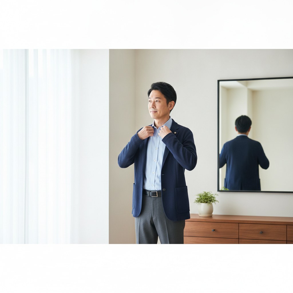 出かける前に身だしなみを確認する40代男性