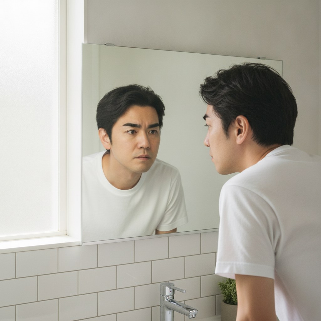 洗面所の鏡で自分の眉毛を確認する40代男性