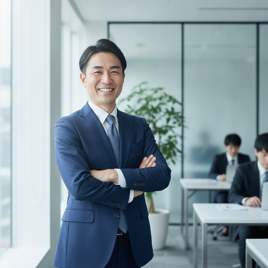 眉を整えて若々しい印象になったスーツ姿の40代男性