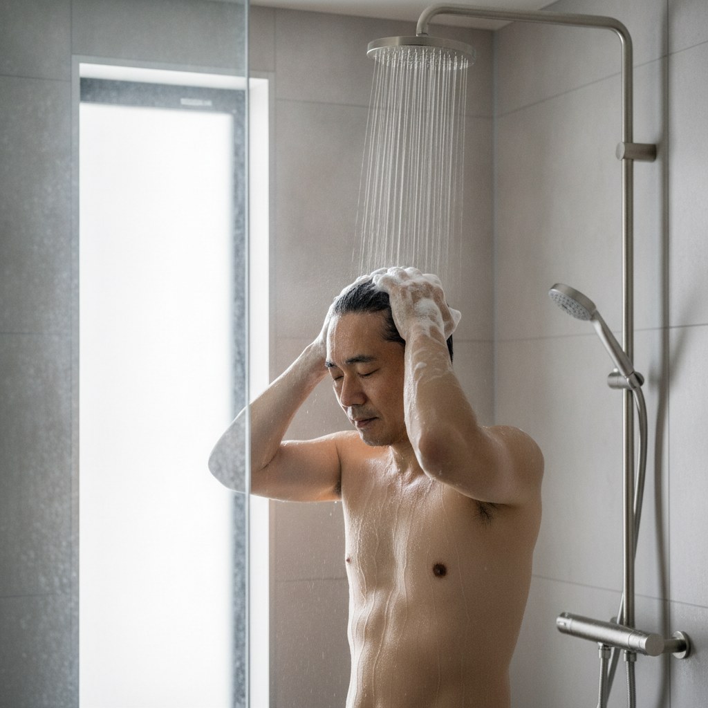 後頭部を2度洗いでていねいにシャンプーする40代男性