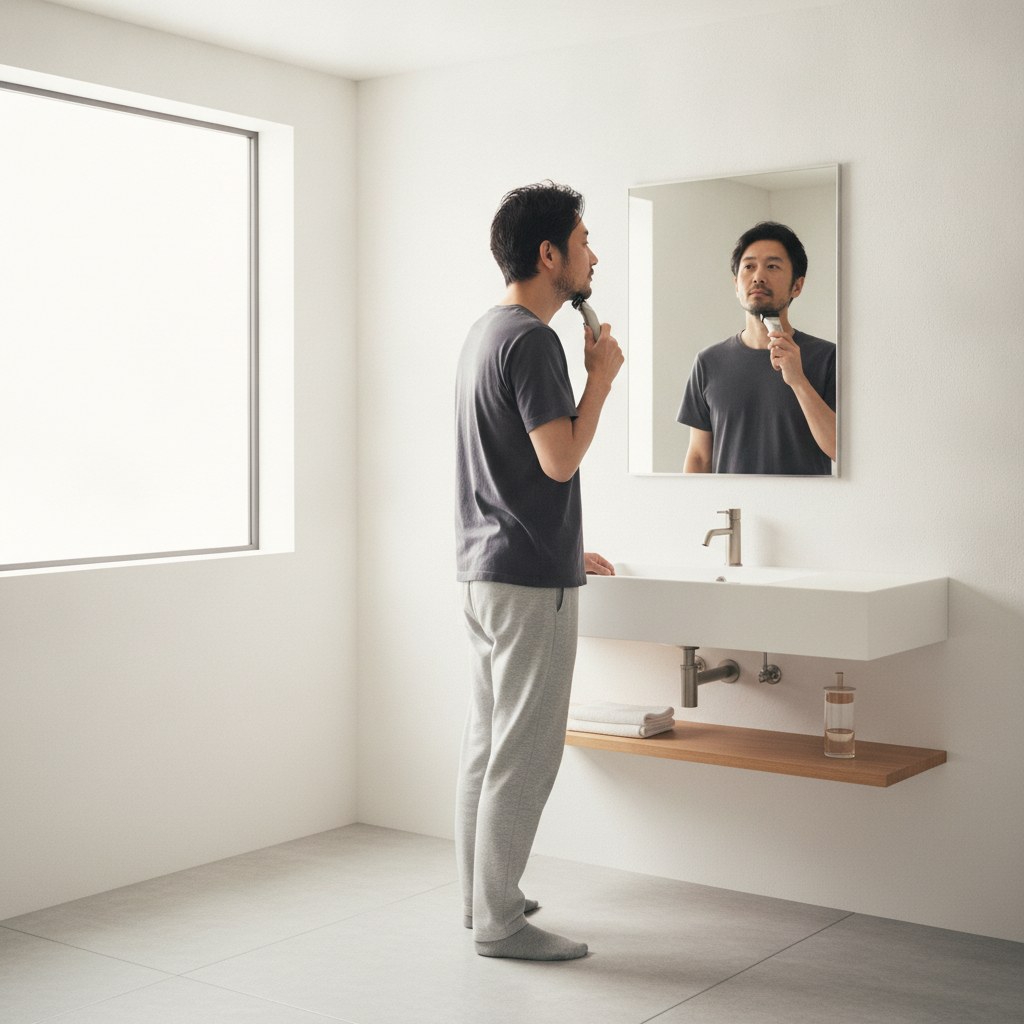 鏡の前で身だしなみを整える40代の日本人男性