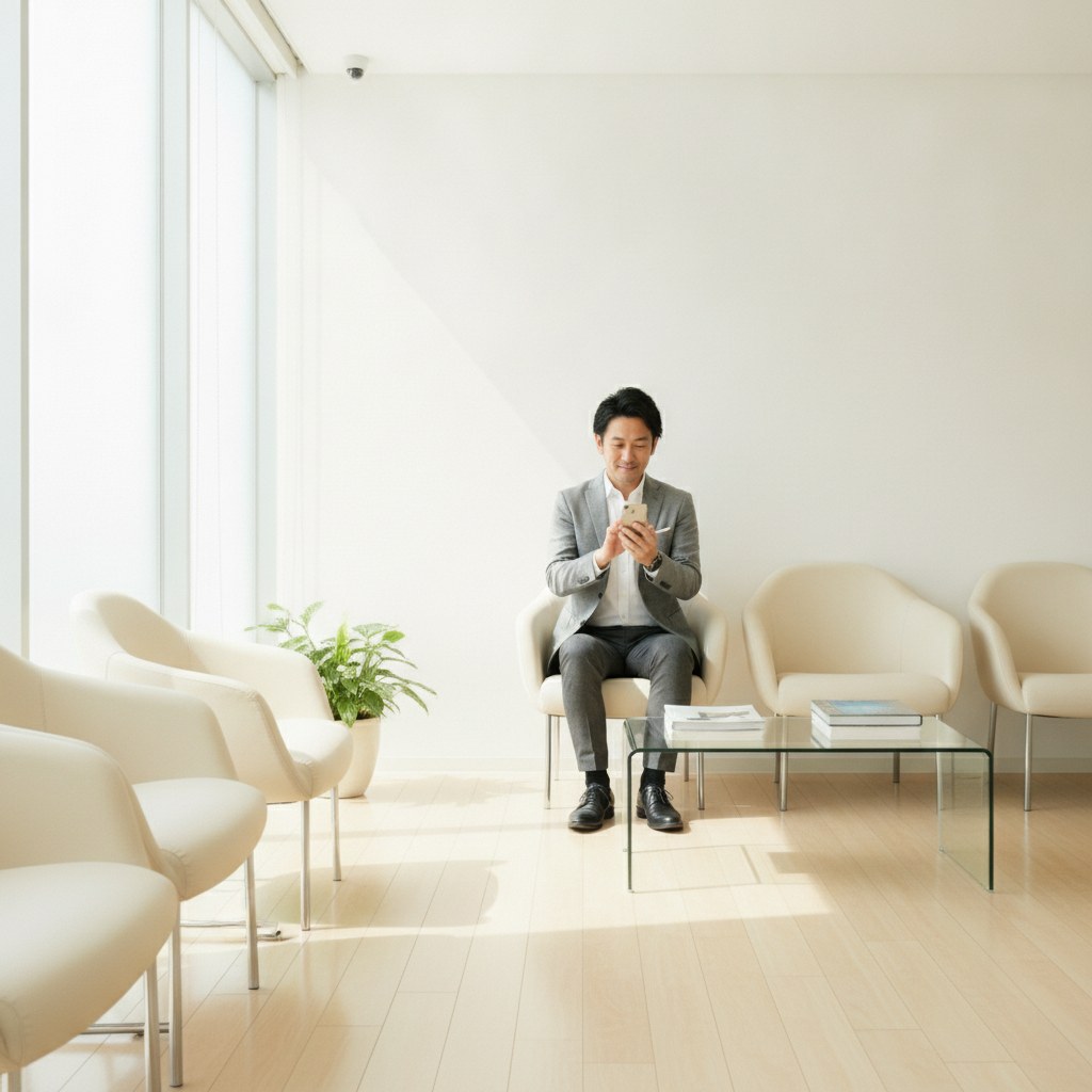 クリニックの待合室で落ち着いて順番を待つ40代の日本人男性