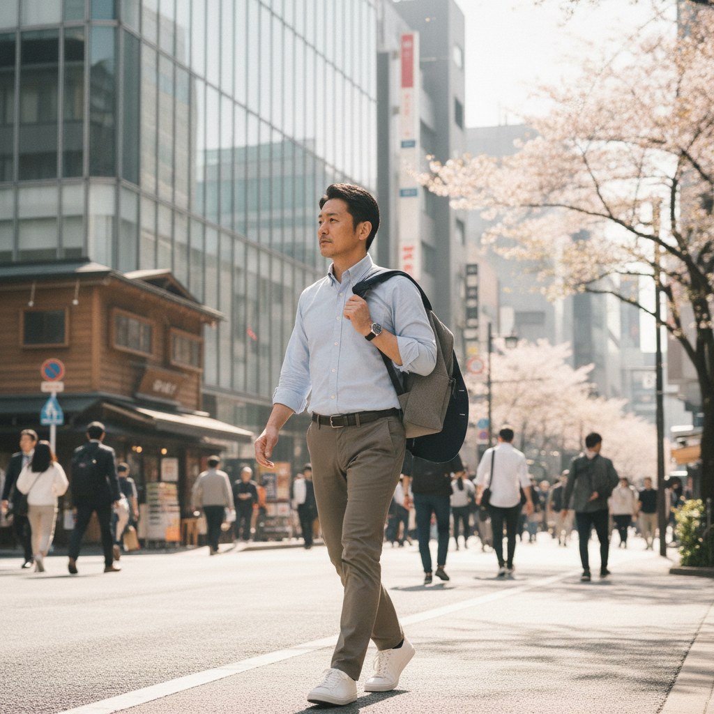清潔感のある装いで街を自信を持って歩く40代の日本人男性