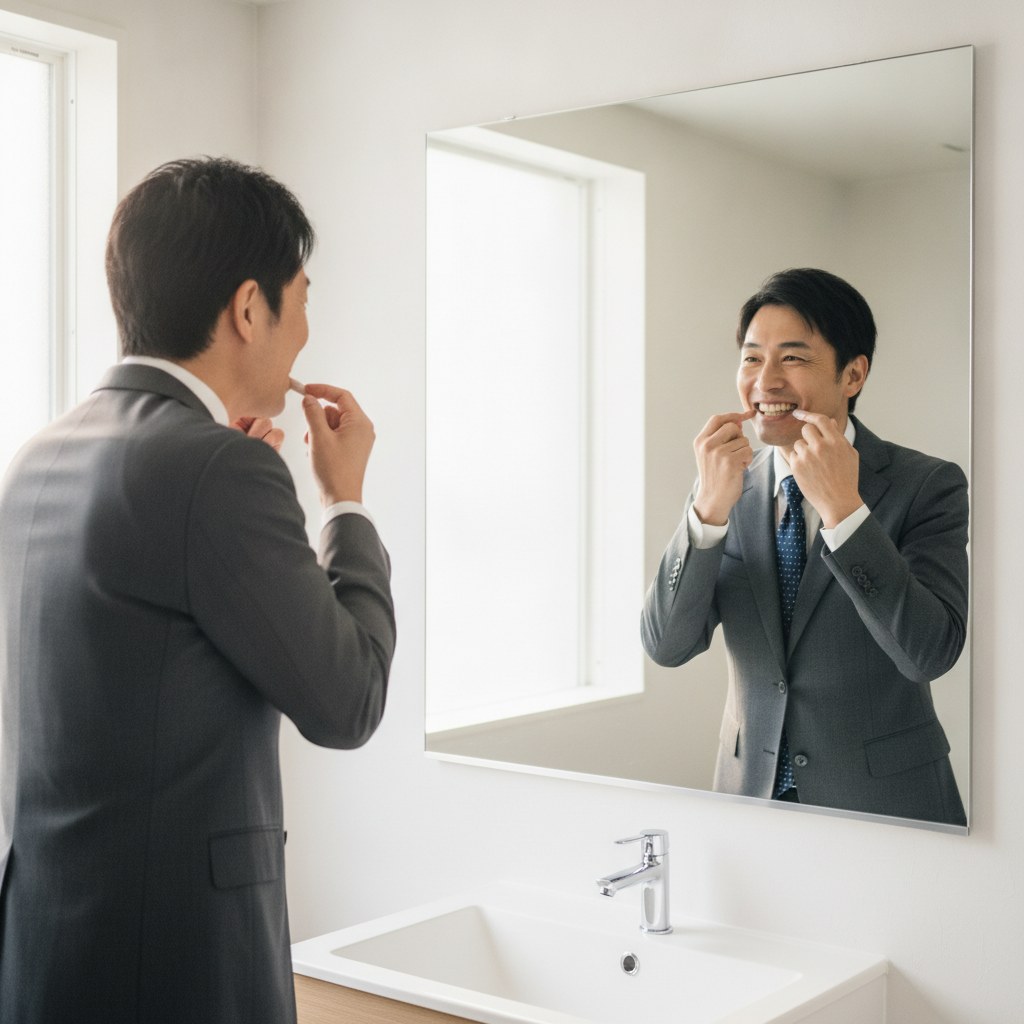 洗面台で自分の歯を確認する40代の日本人男性