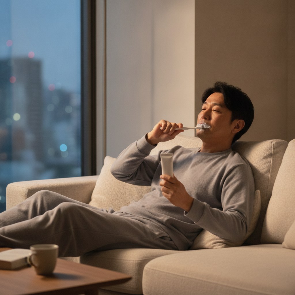 自宅でホワイトニング歯磨き粉を使う40代の日本人男性