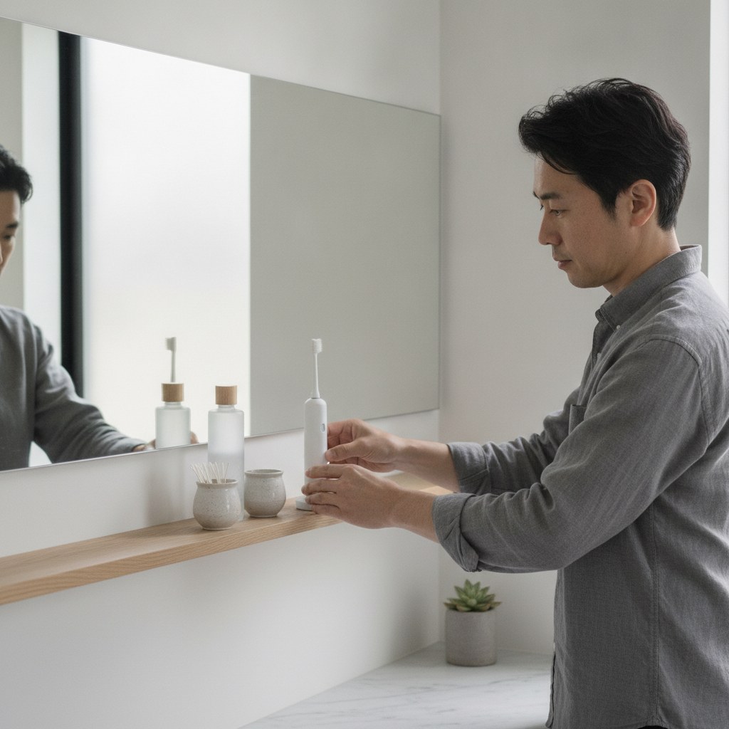 洗面台に歯のケア用品を並べて習慣化する40代の日本人男性
