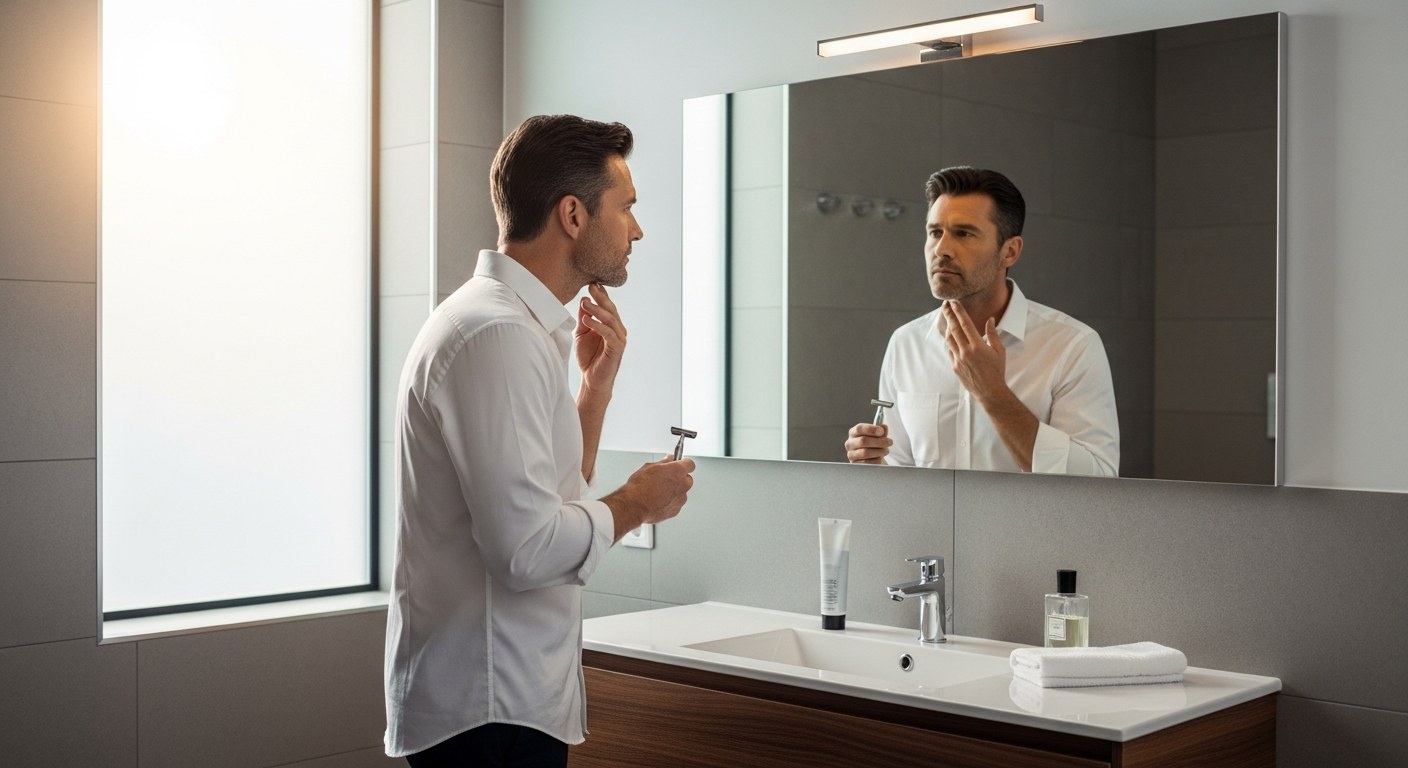 朝の身だしなみを鏡でチェックする40代男性